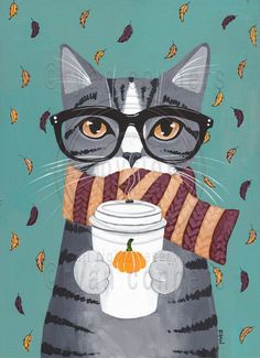 a painting of a cat wearing glasses and holding a cup with a pumpkin on it