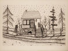 a drawing of a house in the woods