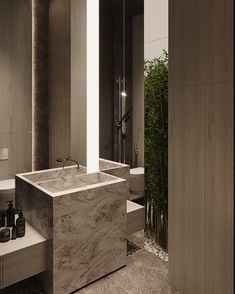 a bathroom with two sinks and a large bathtub in the middle of the room