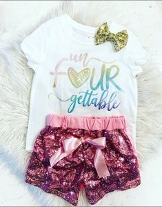 This shirt is perfect for any Un-Four-gettable Birthday. Made with our beautiful no shed glitter its sure to be a hit! We offer design color changes upon request.  Shirt:  (100% Cotton) Washing Instructions: Turn inside out, wash on a cold cycle, tumble dry low or hang to dry. Don't forget to LIKE us on Facebook! {https://www.facebook.com/Paytonspinkboutique/} Un 4 Gettable Birthday, Pink Glitter Print Top For Birthday, Summer Party T-shirt With Glitter Print, Pink Glitter Print Party Top, Playful Party Tops With Letter Print, Playful Pink T-shirt For Party, Pink Playful T-shirt For Parties, Unfourgettable 4th Birthday Girl, Offer Design