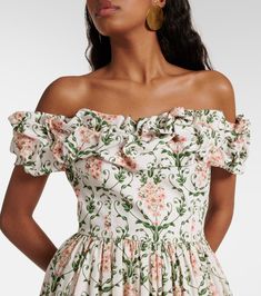 Cotton Floral Midi Dress For Garden Party, Summer Cotton Off-shoulder Dress, Cotton Maxi Dress With Ruffles For Garden Party, Summer Cotton Maxi Dress For Garden Party, Floral Cotton Midi Dress With Ruffles, Fitted Cotton Maxi Dress In Feminine Style, Summer Cotton Maxi Dress With Ruffles, Spring Cotton Maxi Dress With Ruffles, Off-shoulder Cotton Midi Dress For Spring