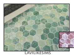 a tile floor with green and purple hexagonal tiles on the bottom right side