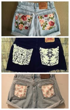 three pictures of different types of shorts with flowers and laces on the front, one in