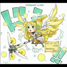 a drawing of a girl with blonde hair flying through the air holding a pair of scissors