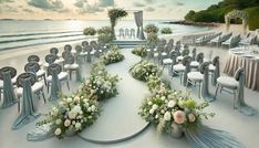 an outdoor wedding set up on the beach with chairs and tables covered in flower arrangements