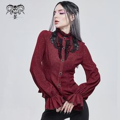 Material:?Polyester; Spandex 
Weight: 0.35KG 
Size: XS-3XL 
SKU:?SHT07602 Red Gothic Outerwear For Winter, Red Gothic Tops, Vampire Ruffle Shirt, Red Long Sleeve Harajuku Top, Luxury Red Button-up Blouse, Red Shirt, Puff Sleeve, Spandex, Red