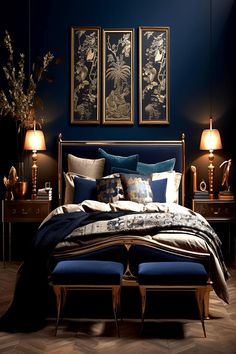 Elegant dark bedroom with navy blue walls, golden accents, framed botanical art, and plush bedding. Royal Blue Bedrooms, Bedroom Moody, Color Palets, Dark Cozy Bedroom, Light Blue Bedroom, Cream Bedroom, Blue Bedroom Walls