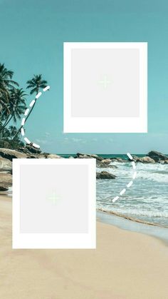 two white frames on the beach with palm trees in the background