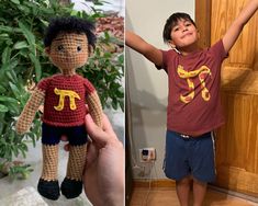 two photos side by side one with a boy and the other has a crocheted pikachu