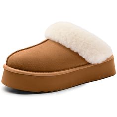 PRICES MAY VARY. WARM & COMFY: All-around fuzzy faux fur lining and breathable microsuede upper keep away from coldness and prevent sweat or odors. An extended plush wool-like fur collar wraps your feet in warmth, making these slippers luxurious and stylish. OUTDOOR & INDOOR: Latest Gen EVA foaming technology creates better flexibility, lightweight and anti-slip platform outsole, without any damage to the wood floor or noise to people, preventing indoor and outdoor slipping. COZY FOOTBED: Premiu Winter Slippers With Plush Lining And Round Toe, Fluffy Round Toe Winter Slippers, Winter Plush Lined Slip-on Slippers, Comfy Synthetic Slippers For Winter, Brown Indoor Slippers For Winter, Winter Slippers With Plush Lining, Winter Indoor Slippers With Plush Lining, Cozy Suede Slippers For Winter, Comfy Brown Winter Slippers