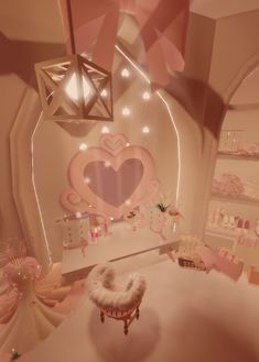 a room filled with lots of pink furniture and decor on the walls, including a heart - shaped window