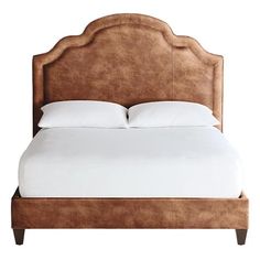 a bed with white sheets and brown headboard is shown in front of a white background