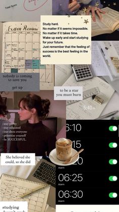 a collage of photos with words and pictures on them, including an image of a woman using a calculator