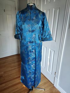 Blue Fitted Cheongsam For Spring, Embroidered Long Sleeve Fitted Cheongsam, Spring Blue Fitted Cheongsam, Traditional Embroidered Spring Cheongsam, Satin Long Dress, Birds Embroidered Qipao Dress, Birds Pattern, Qipao Cheongsam, Vintage Clown