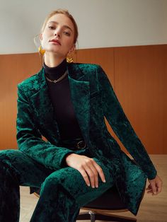 Dark Green Elegant Collar Long Sleeve Woven Fabric Plain Regular Embellished Non-Stretch Fall Women Clothing Crushed Velvet Suit, Blazer Elegant Outfits, Dark Green Leather Jacket Outfit, Green Velvet Suit For Women, Emerald Green Velvet Suit, Green Elegant Outfit, January Wedding Guest Outfit, Black Velvet Jacket Outfit, Dark Green Clothes