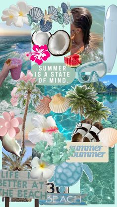 the collage is made up of different images and words, including flowers, coconuts,