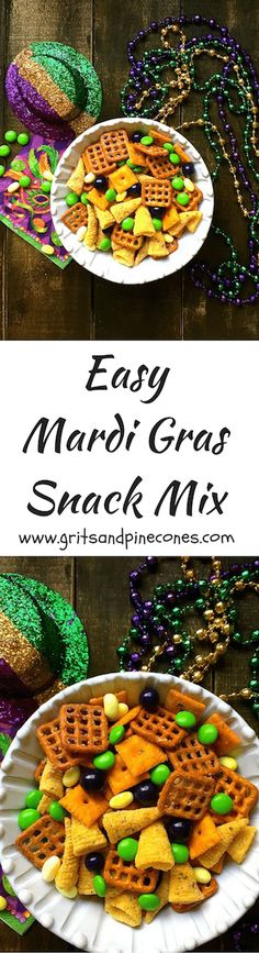 easy mardi gras snack mix on a plate