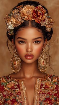 a woman with flowers in her hair wearing gold earrings and a red dress is posing for the camera