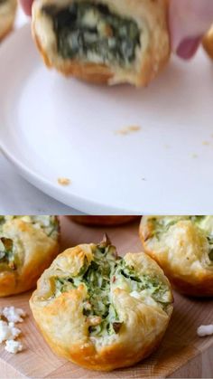 spinach and cheese muffins on a white plate with other food items in the background