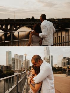 a man and woman embracing each other in front of a bridge with the city skyline in the background