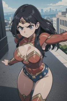 a woman dressed as wondergirl standing in the middle of a street with her arms outstretched