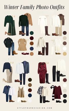 the winter family photo outfits are arranged in different colors and sizes, including brown, white,