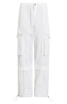 Maximize the utilitarian attitude of your look with these woven cotton cargo pants finished with drawcord-toggle hems. Zip fly with snap closure Elastic waist Front slant pockets; cargo flap-patch pockets Drawcord-toggle hems 100% cotton Dry clean Imported Allsaints Casual Spring Pants, Allsaints Straight Leg Work Bottoms, Allsaints Cotton Bottoms For Spring, Spring Utility Parachute Pants, Spring Outdoor Cargo Pants With Patch Pockets, Spring Outdoor Cargo Pants With Belt Loops, Spring Cargo Pants With Belt Loops For Outdoor, Allsaints Relaxed Fit Cotton Bottoms, Utility Parachute Pants With Belt Loops For Spring