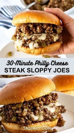 Philly Cheese Steak Sloppy Joes made with ground beef, onions, and green bell peppers, all topped with melty provolone cheese. A delicious twist on the classic in just 30 minutes! #sloppyjoes #weeknightdinner Philly Cheese Steak Sloppy Joes, Cheese Steak Sloppy Joes, Philly Cheesesteak Sloppy Joes, Philly Cheese Steak Sandwich, Steak Sandwiches, Joe Recipe, Cheese Steak Sandwich, Sloppy Joes Recipe, Cheese Steak