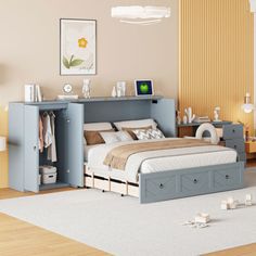 a bed room with a neatly made bed and dresser