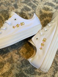 "Embroidered Sneakers Getting Married? What a great idea. This listing is for Bride and / or Groom on the tongue with the date on the side. Listing is for 1 pair of shoes. Please look at pictures to see how it will be done. NAMES CAN NOT be put on the side as there is not enough room, I only have 1 3/4\" space to embroider on the side. If you have a question please message me. Other options available in my shop!! Wear these at your reception so your feet don't hurt. You can do white to match you White Low-top Wedding Shoes For Bride, White Wedding Sneakers With Custom Embroidery, Customizable Low-top Wedding Shoes For Anniversary, Custom White Sneakers With Round Toe For Anniversary, White Custom Sneakers With Round Toe For Anniversary, Customizable Low-top Sneakers For Anniversary, White Low-top Bridal Sneakers, White Low-top Wedding Shoes, White Embroidered Lace-up Sneakers