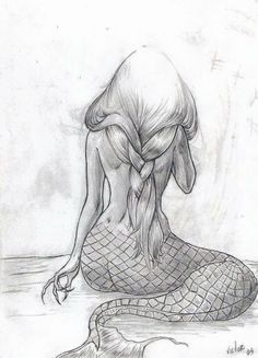 a pencil drawing of a mermaid sitting on the ground with her back to the camera