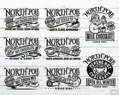 six different logos for north pole coffee company on wood planks, with the words north pole written in black and white