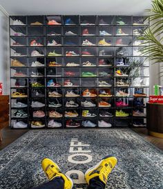 Sneaker Head Storage Ideas, Sneaker Wall With Boxes, Led Sneaker Display, Sneakers Rack Ideas, Sneaker Room Design, Trainer Storage Ideas, Sneaker Head Room Ideas Aesthetic, Sneaker Wall Bedroom, Sneaker Display Bedroom