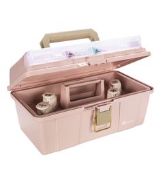 an open pink plastic tool box on a white background