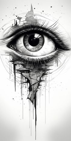 an eye with dripping paint on it's side and the image is in black and white