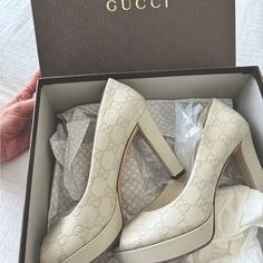 The Most Comfortable 4” Heels Ever! Beautiful Mystic White Soft Leather Gucci Heels With Small Platform Size 38.5. Comes With Box! Fits Tts And A Perfect Classic Heel You’ll Wear Forever. They Have Been Worn A Few Times But When On The Foot It Looks Perfect. Gucci Heels, Shoes Gucci, Classic Heels, Ideas Outfit, Bride Shoes, Gucci Shoes, Cream White, Leather Heels, Shoes Women Heels