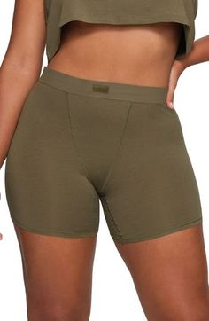 Enjoy the look of boxers while retaining the breathability of stretch cotton with this option from Kim Kardashian's SKIMS. 7 1/2" inseam; 17 1/2" leg opening; 13 1/2" front rise; 13 1/2" back rise (size 2X) Elastic waist 50% modal, 45% cotton, 5% elastane Machine wash, tumble dry Imported Girls In Boxers, Logo Tag, Fabric Gift Bags, Fabric Gifts, Free Fabric, Kim Kardashian, Stretch Cotton, Boyfriend Gifts, Elastic Waist