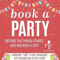 a party poster with the words book a party before the party starts and receive a gift