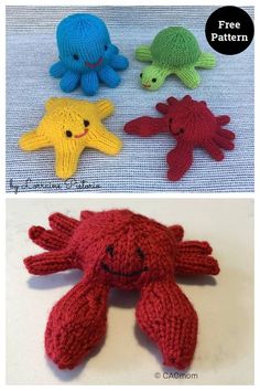 three knitted sea animals sitting next to each other