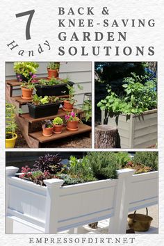 Examples of back and knee-friendly garden solutions including tall raised beds and a plant staircase. Garden Decorations