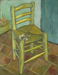 a painting of a wooden chair with a pillow on the seat in front of it