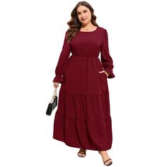 Plus Size Round Neck Long Sleeve Empire Waist Pleated Hem Boho Maxi Dress With Pockets for Women Plus Size Christmas Dress, Modest Fall Dresses, Winter Maxi Dress, Dresses Casual Modest, Plus Size Christmas Dresses, V Neck Dress Long, Flowy Dress Casual, Dresses Casual Boho, Pleated Party Dress