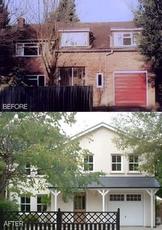 before and after shots of a house with garage doors on the front, side by side