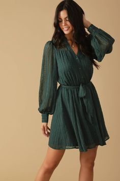 A textured woven mini dress featuring V neckline, embroidered yoke, long sleeve, elasticized waist with self sash belt and button down Details: Self : 100% PolyesterLining : 100% Polyester Size & Fit - Model is 5`8" And Wearing Size Small- Measurements Taken From Size Small- Approx. Length: 35" Green Long Sleeve Belted Mini Dress, Green Mini Dress For Fall Daywear, Champagne Gold Dress, What To Wear Fall, Bachelorette Party Dress, Flying Tomato, Floor Length Gown, Sash Belt, Dinner Dress