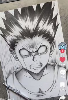 a drawing of gohan from dragon ball is displayed on the wall in front of a phone