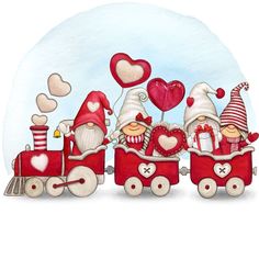 three gnomes riding on a train with hearts