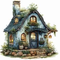 a drawing of a blue house with plants growing on the roof and windows above it