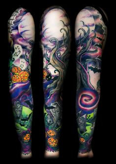 three leg sleeve tattoos with different designs on them