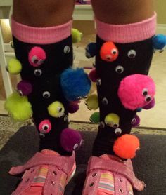 Google eyes and Pom poms glued using E6000. Perfect for crazy sock day! Crazy Socks For Kids, Red Ribbon Week, Hat Day