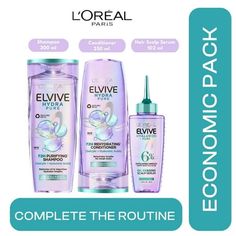 Loreal Paris Elseve Hydra Pure 72H Purifying Shampoo 300 ml - Cleanses hair and scalp of excess oil, impurities, product build-up, and dead cells. - Contains salicylic acid for gentle exfoliation and hyaluronic acid for moisture. - Removes excess oils while maintaining natural moisture for up to 72 hours. - Suitable for all hair types, offering optimal results when used with the serum and conditioner from the same collection. Loreal Paris Elseve Hydra Pure 72H Rehydrating Conditioner 250 ml - Ta Loreal Shampoo, Hair Clean, Shampoo And Conditioner Set, Scalp Serum, Hair Cleanse, Dandruff Shampoo, Oily Scalp, Dead Cells, Clean Hair